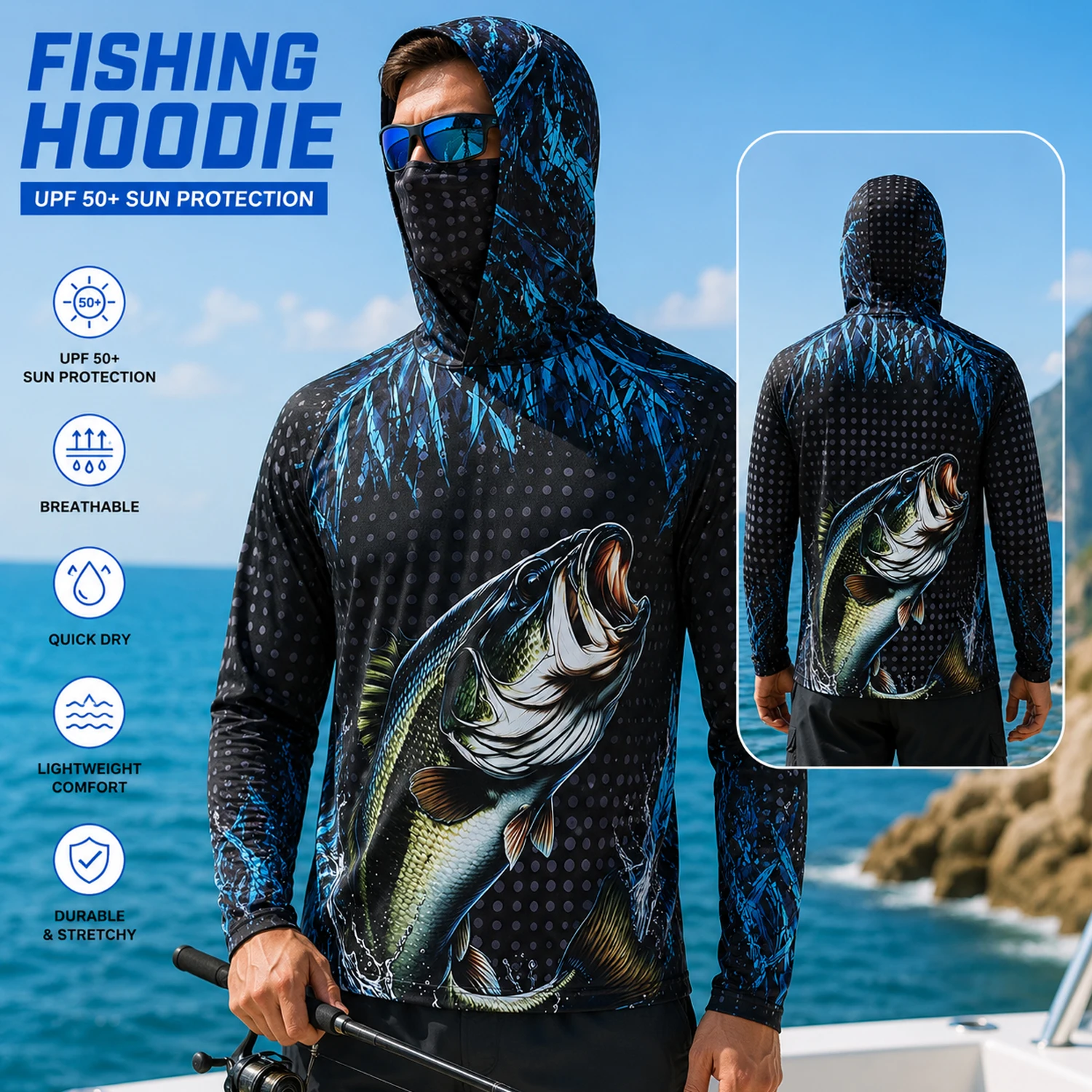 Fishing Mask Sun Protection - Men UPF50+ Fishing Hoodie with Face